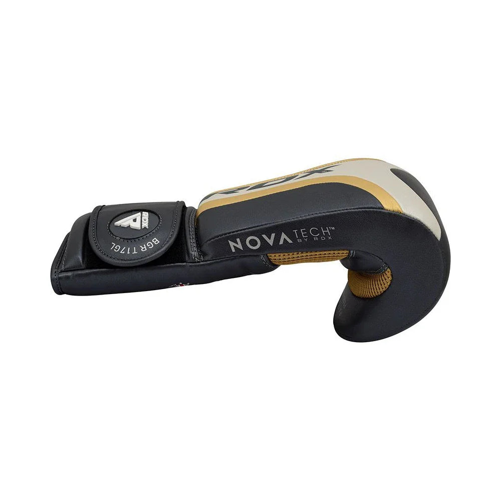 Black and gold boxing glove with 'Nova Tech' branding on a white background