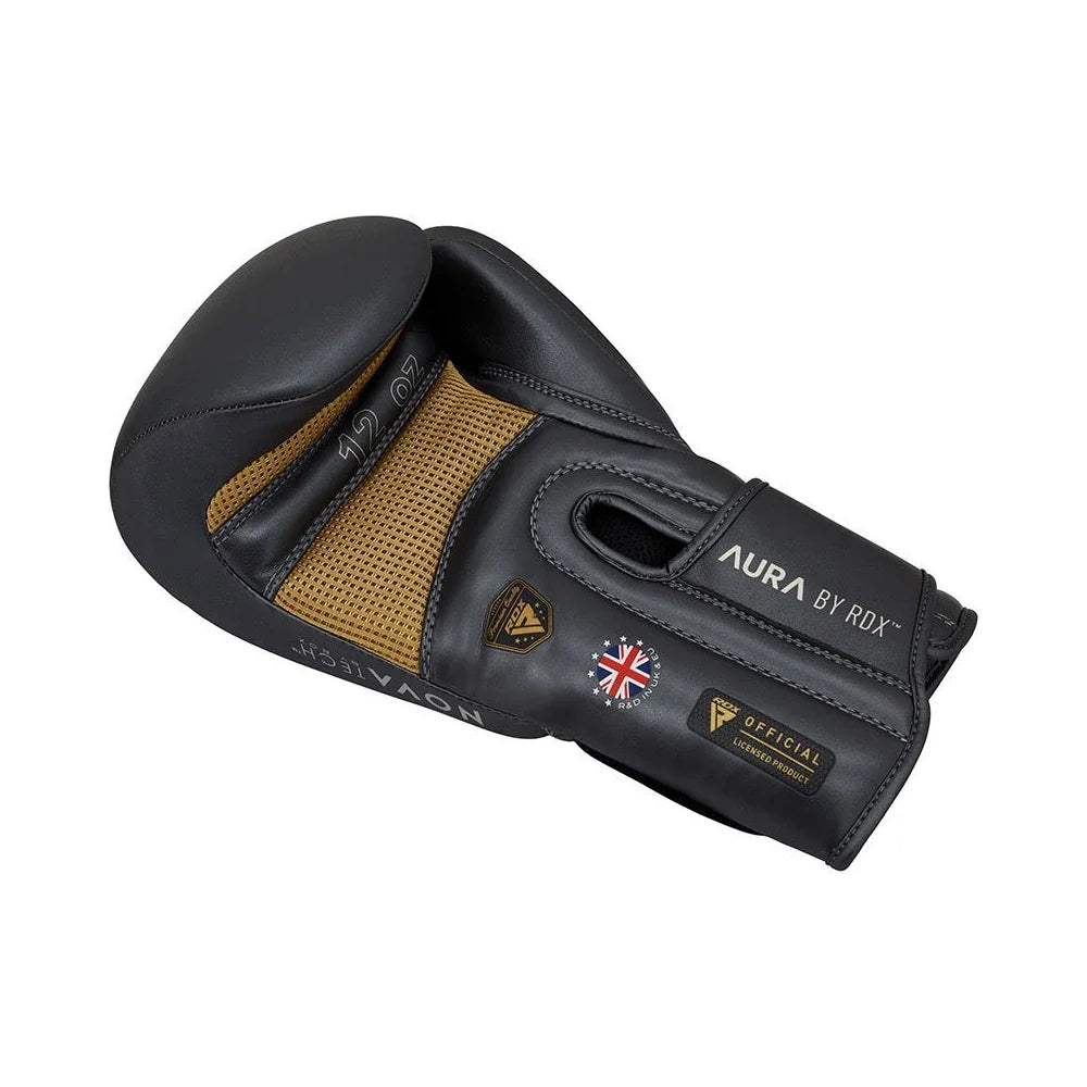 Black and brown boxing glove with 'Aura by RDX' branding on a white background