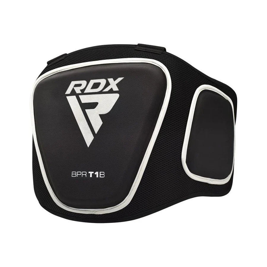 Black RDX boxing belly pad with white accents on a white background