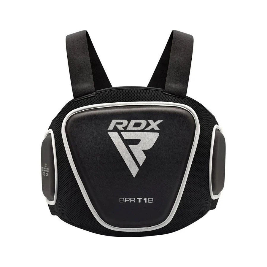 Black RDX body protector on a white background
