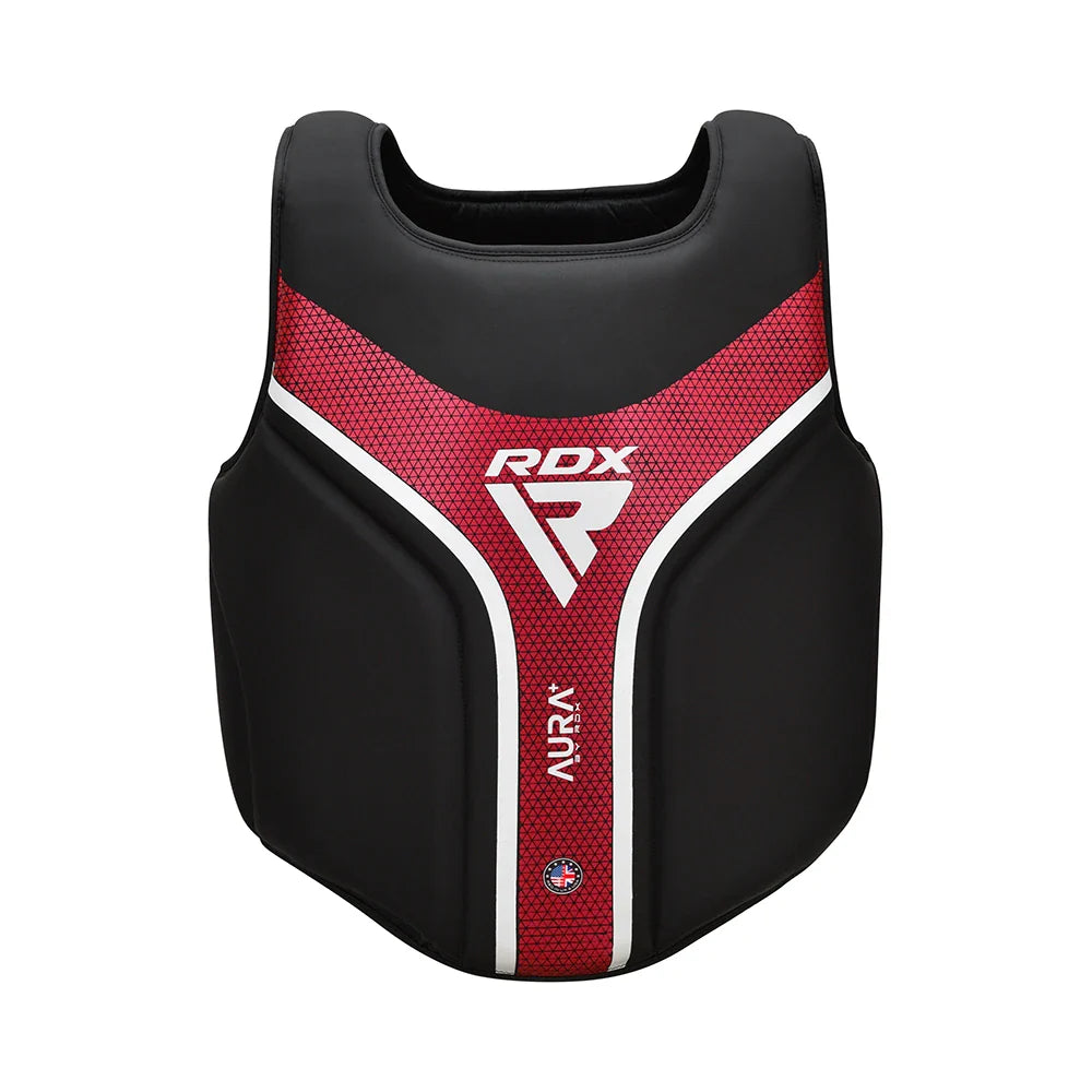 Black and red RDX protective boxing vest on a white background