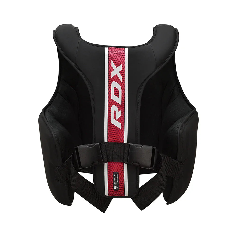 Black boxing body protector with red and white RDX logo on a white background