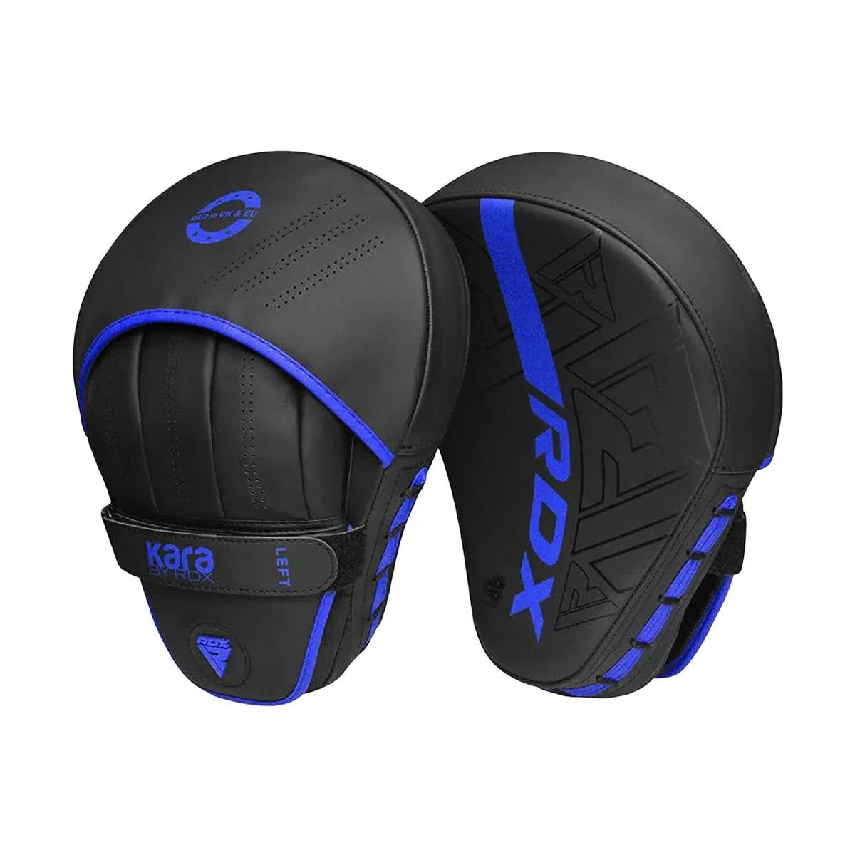 Black and blue boxing mitts with 'Kara' branding on a white background