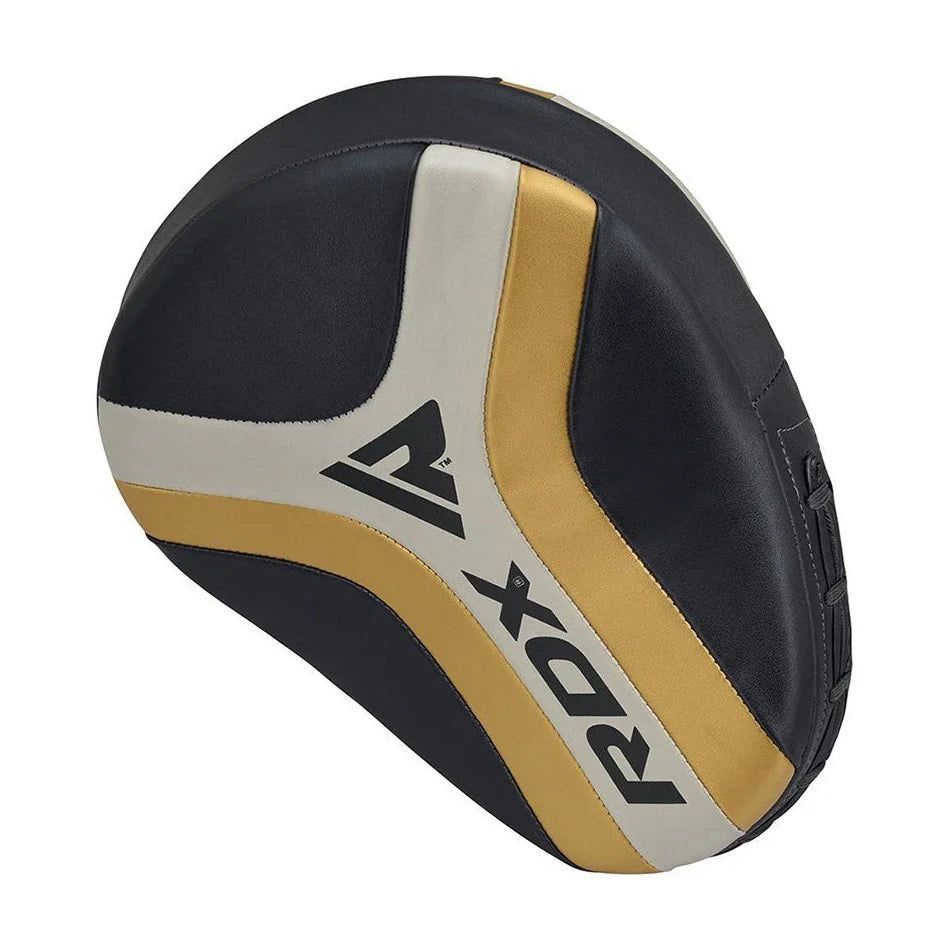 RDX boxing pad with black, gold, and gray design on a white background