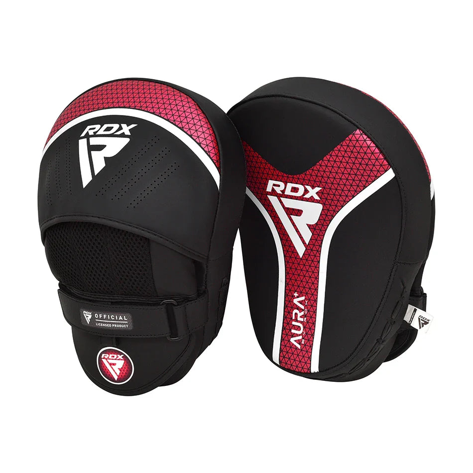 Black and red RDX boxing pads on a white background