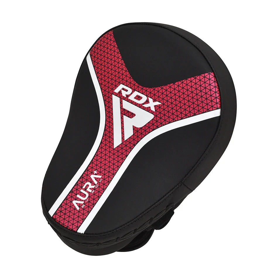 Black and red RDX boxing mitt on a white background
