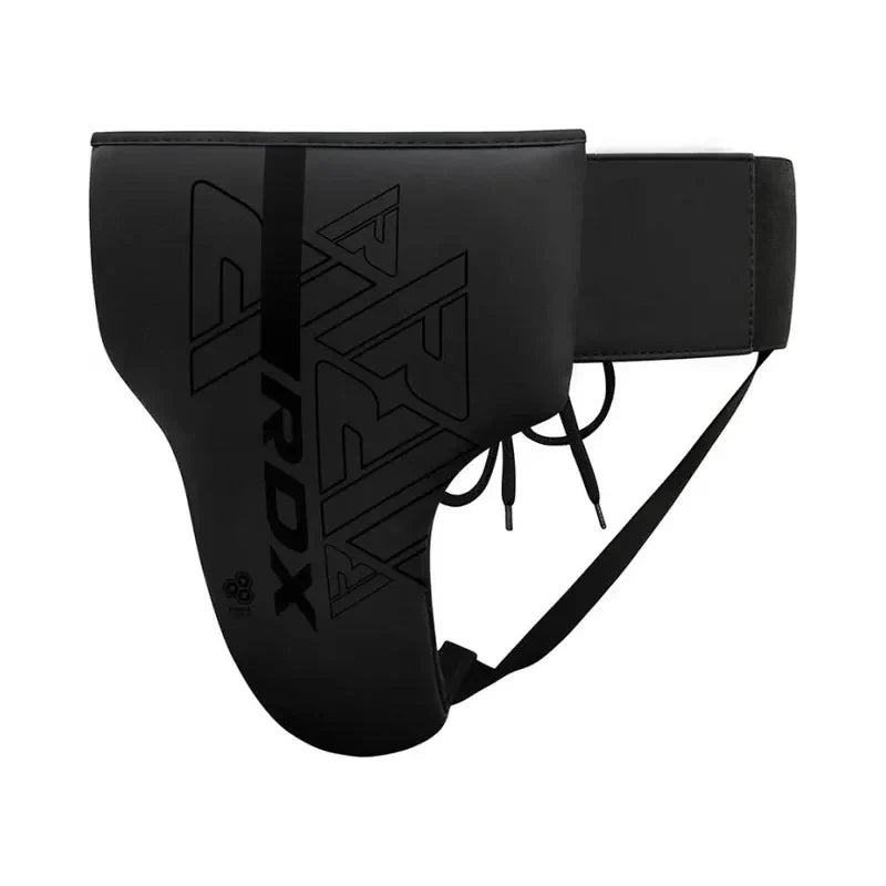 Black RDX groin guard with brand logo on a white background