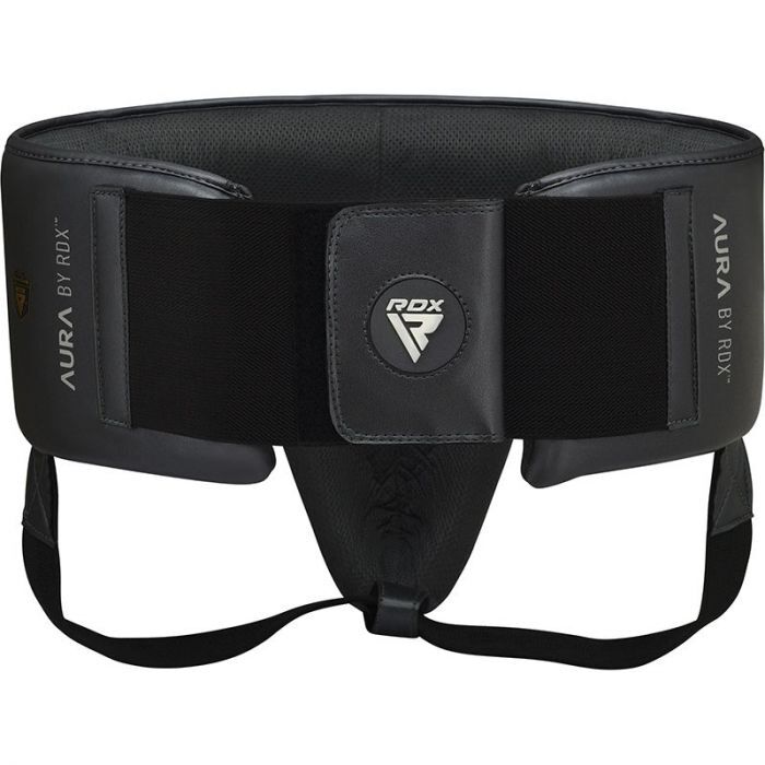 Black boxing groin guard with RDX logo on a white background