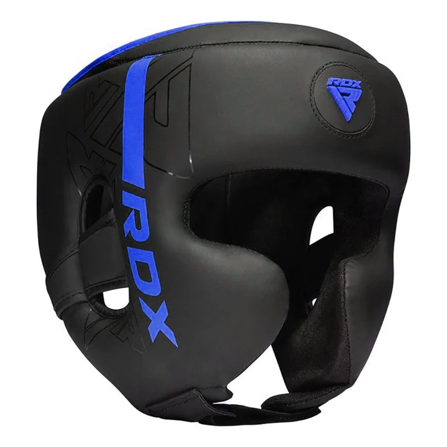 Black boxing headgear with blue RDX branding on a white background