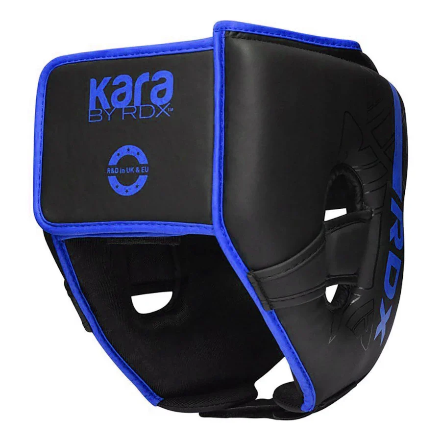 Black and blue boxing headgear with 'Kara by RDX' branding on a white background