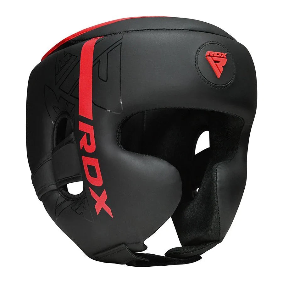 Black boxing headgear with red accents and 'RDX' logo on a white background