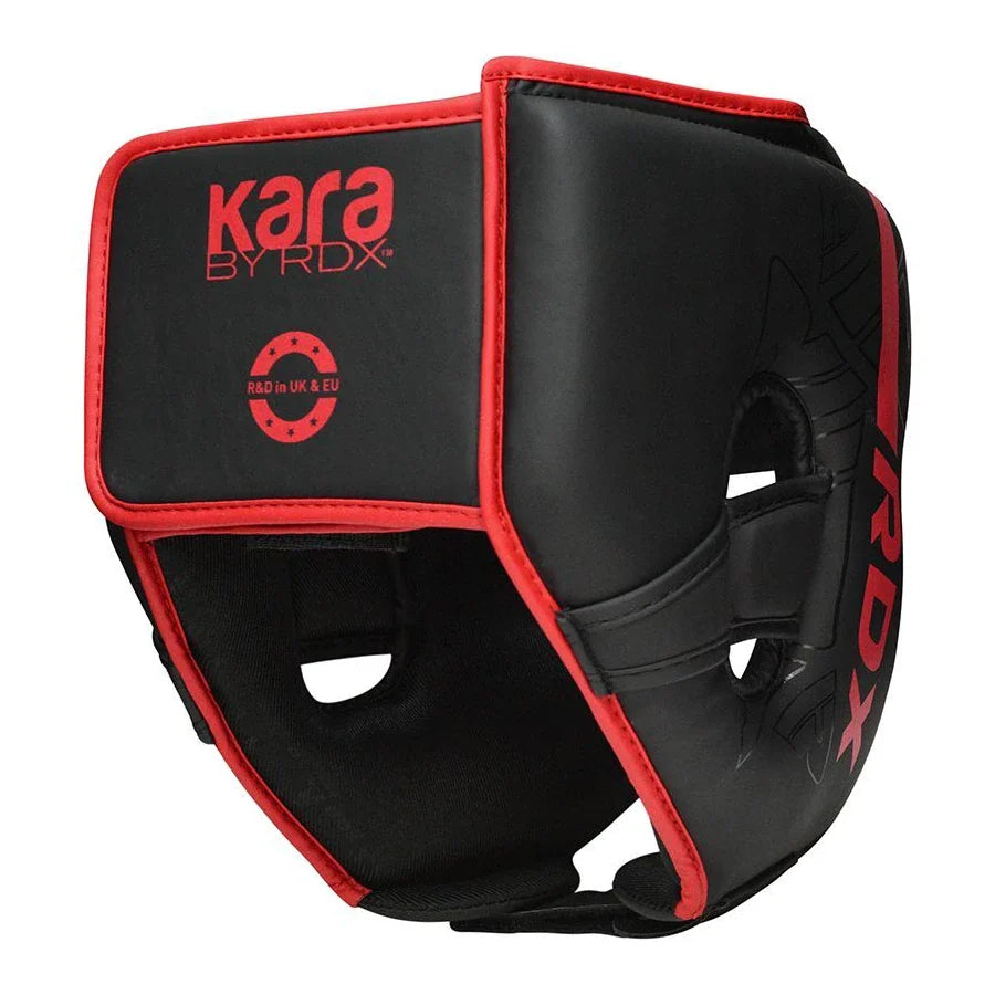 Black and red headgear with 'Kara by RDX' branding on a white background