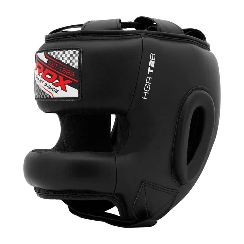 Black boxing face saver headgear with RDX logo on a white background