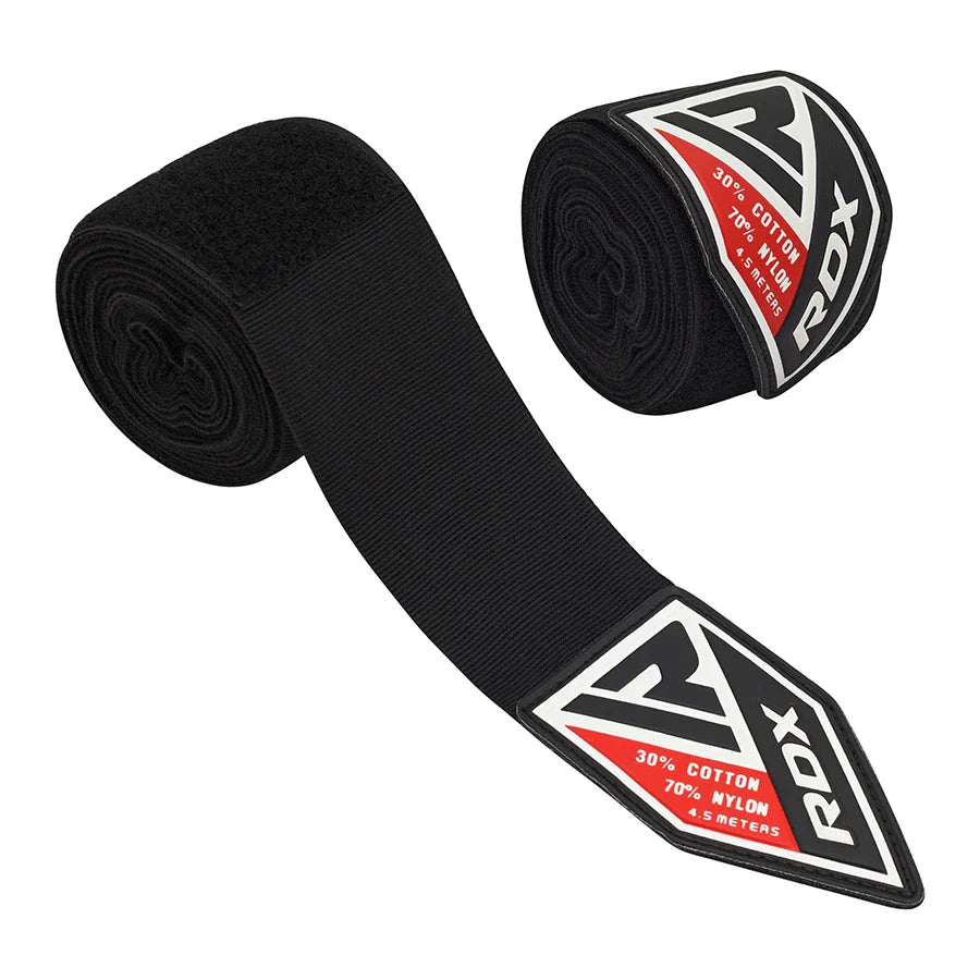 Black boxing hand wraps with RDX branding on a white background