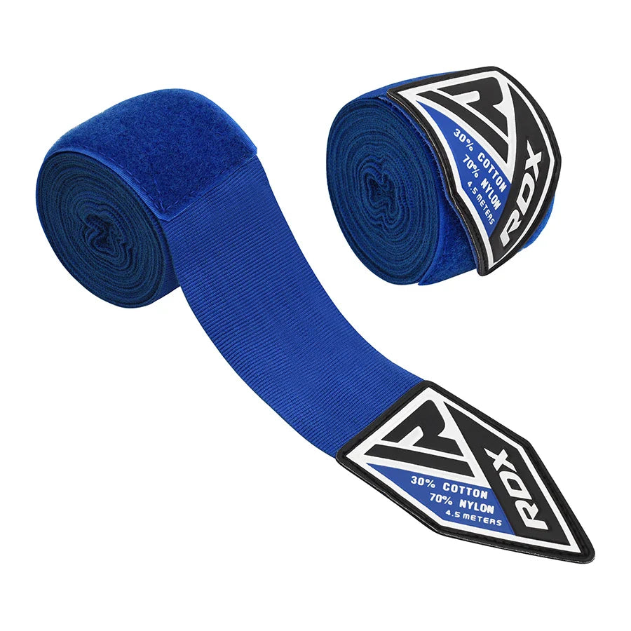 Blue boxing hand wraps with RDX logo on a white background