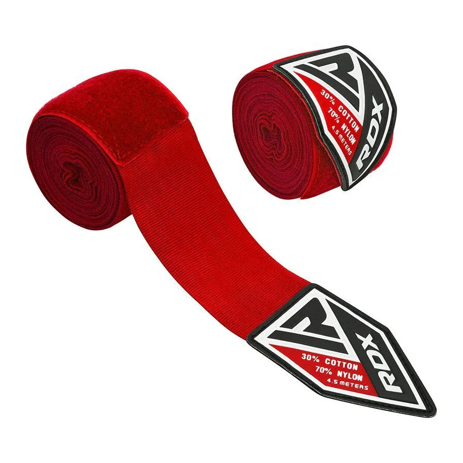 Red boxing hand wraps with RDX branding on a white background