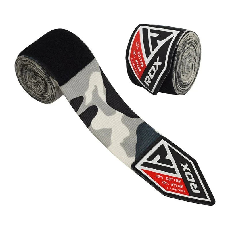 Camouflage boxing hand wraps with RDX logo on a white background
