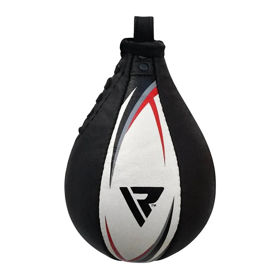 Black and white RDX speed bag with red accents on a white background