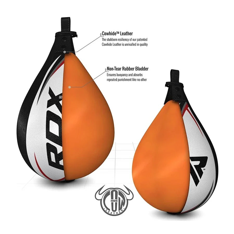 Orange and white boxing speed bag with black accents on a white background