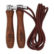 Wooden RDX jump rope with metal clamps on a white background