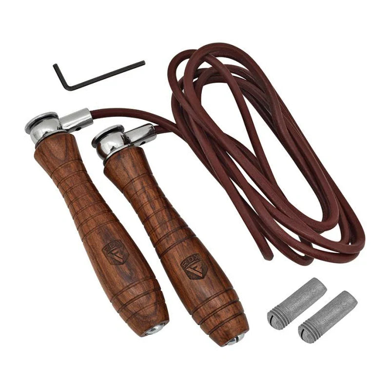 Wooden handle RDX jump rope with metal clasps on a white background