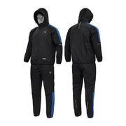 Black RDX sauna suit with blue accents shown from front, side, and back on a white background