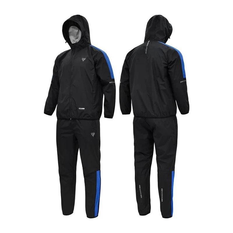 Black RDX sauna suit with blue accents shown from front, side, and back on a white background