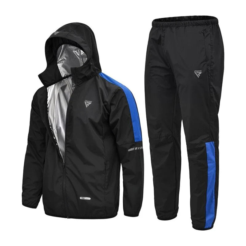 Black sauna suit with blue accents and matching black pants on a white background