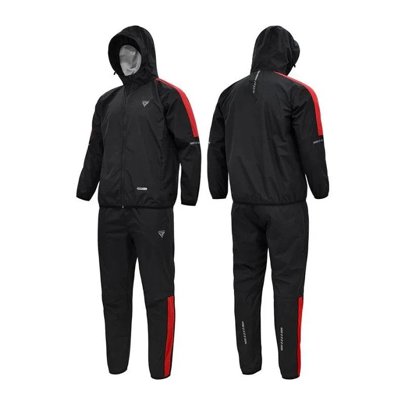 Black RDX sauna suit with red accents on a white background