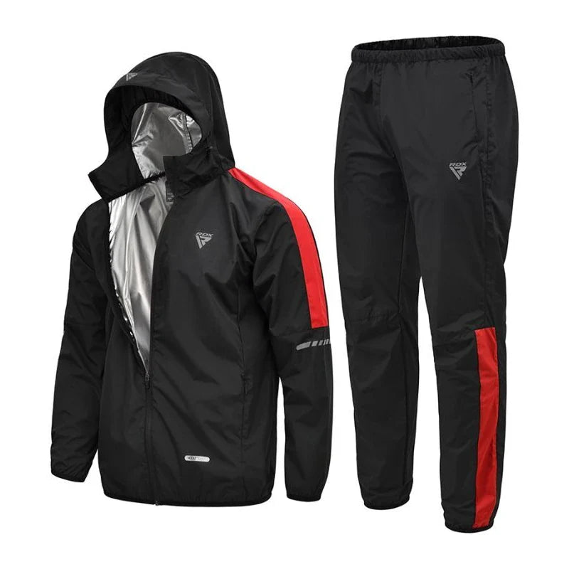 Black sauna suit with red accents and matching black pants on a white background