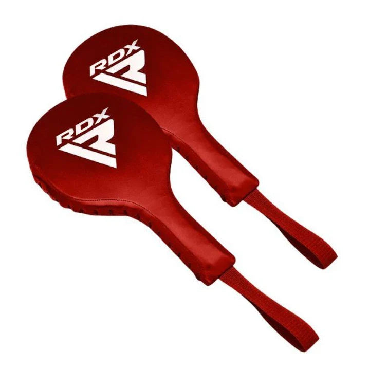 Two red RDX boxing paddles on a white background