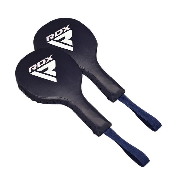 Two blue RDX boxing paddles on a white background