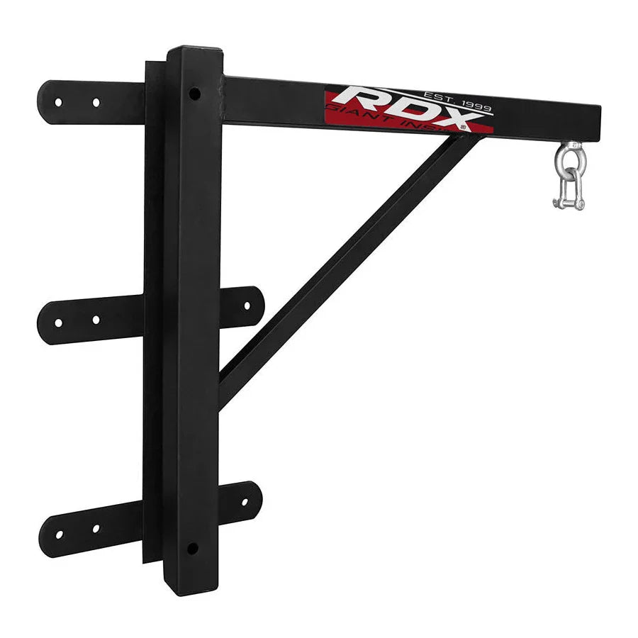 Black RDX punching bag wall bracket on a white background