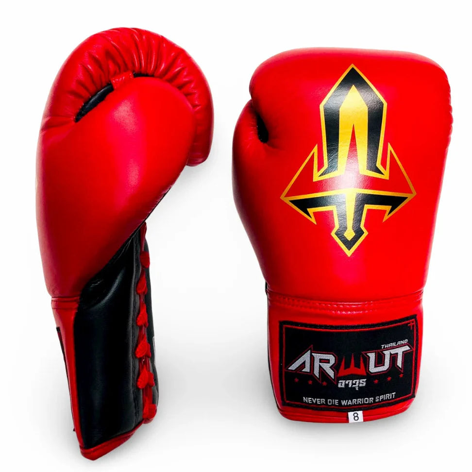 Red and black Arwut lace up boxing gloves with a black and yellow logo on a white background