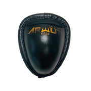 Black protective steel groin guard with 'Arwut' branding on a white background