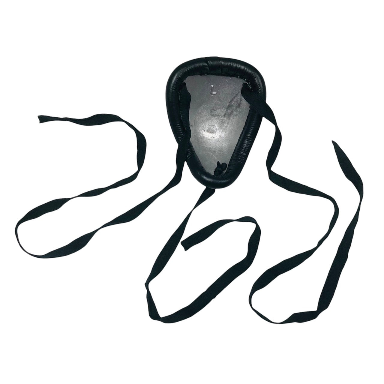 Steel groin guard with straps on a white background