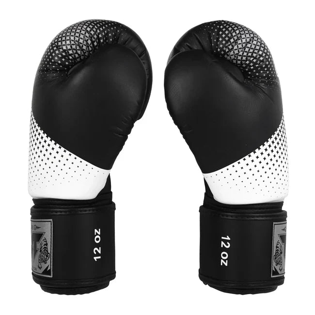 Pair of black and white boxing gloves with '12 oz' marking on a white background