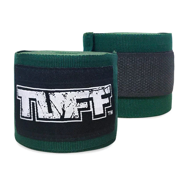 Green and black wrist wraps with TUFF logo on a white background