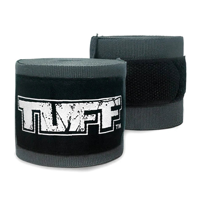 Pair of gray boxing hand wraps with Tuff logo on a white background