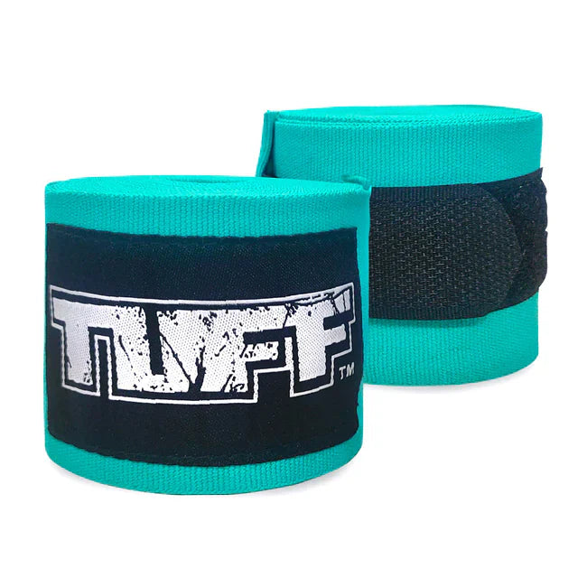 Turquoise and black wrist wraps with TUFF logo on a white background