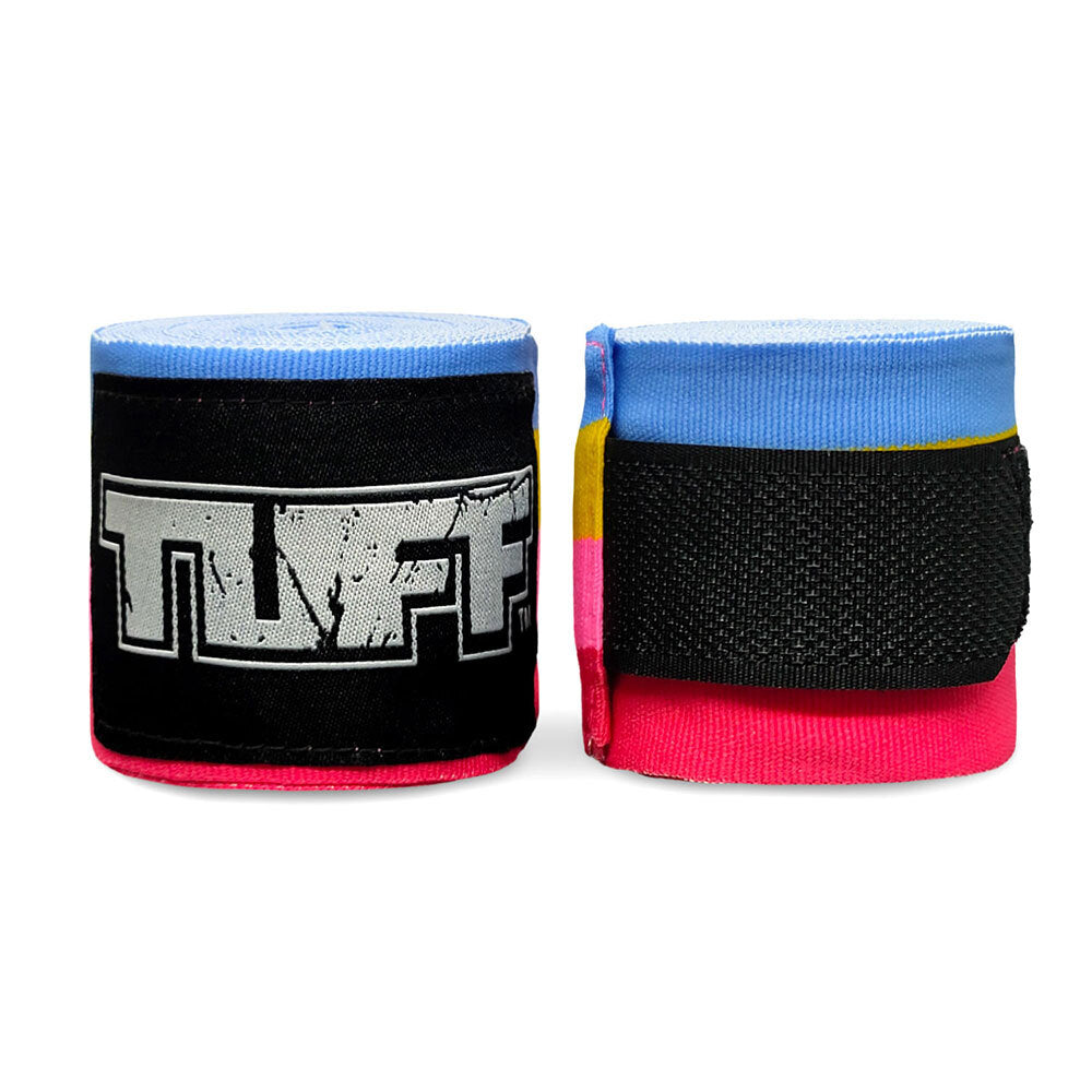 Pair of black and pink boxing hand wraps with blue accents on a white background