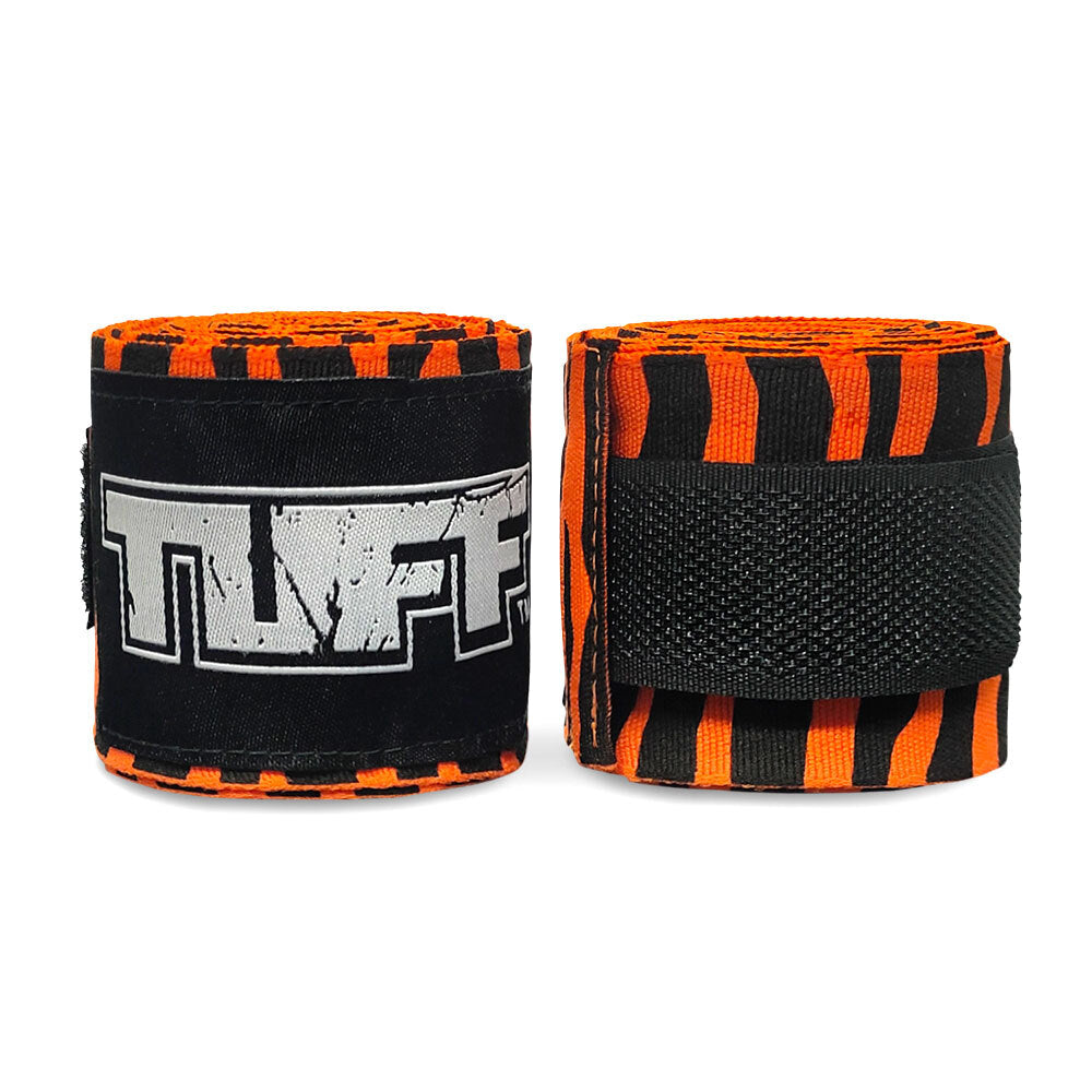 Black and orange wrist wraps with 'TUFF' branding on a white background