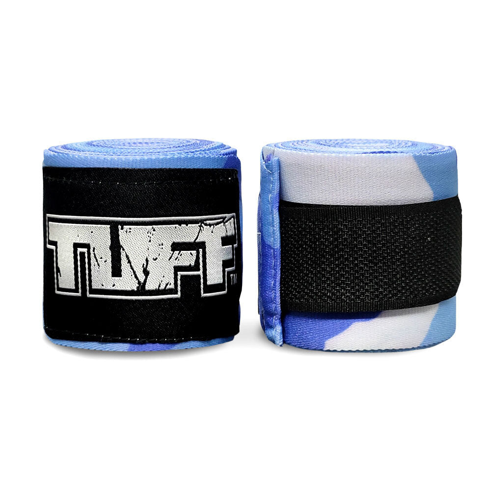 Pair of blue and black boxing hand wraps with TUFF logo on a white background