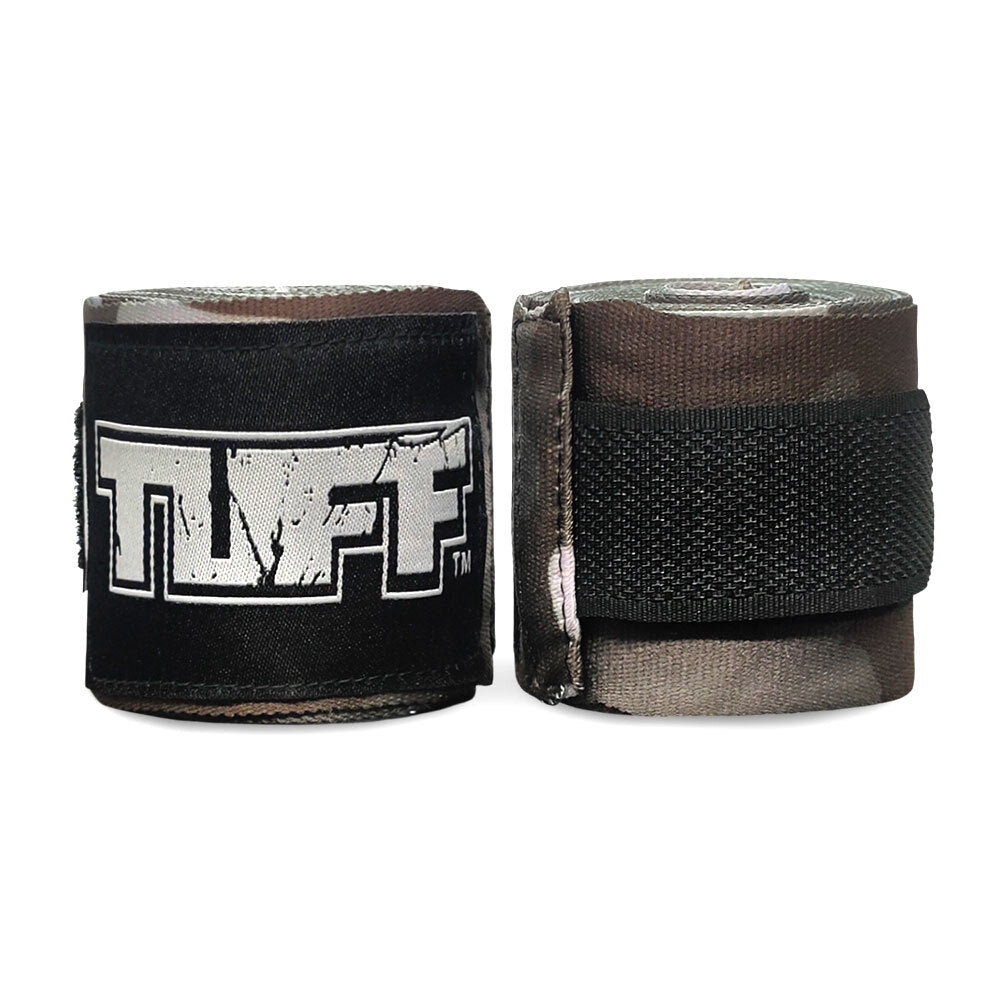 Two rolls of black and brown boxing hand wraps with TUFF logo on a white background