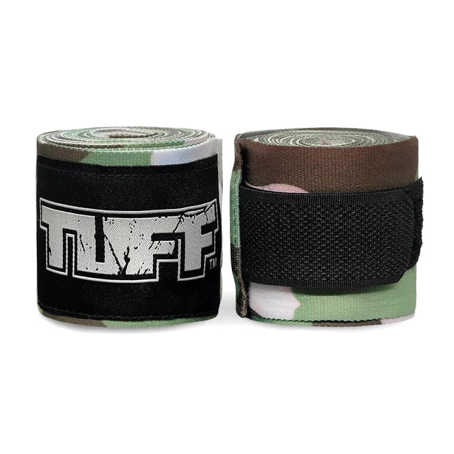 Two rolls of camouflage boxing hand wraps with a brand logo on a white background