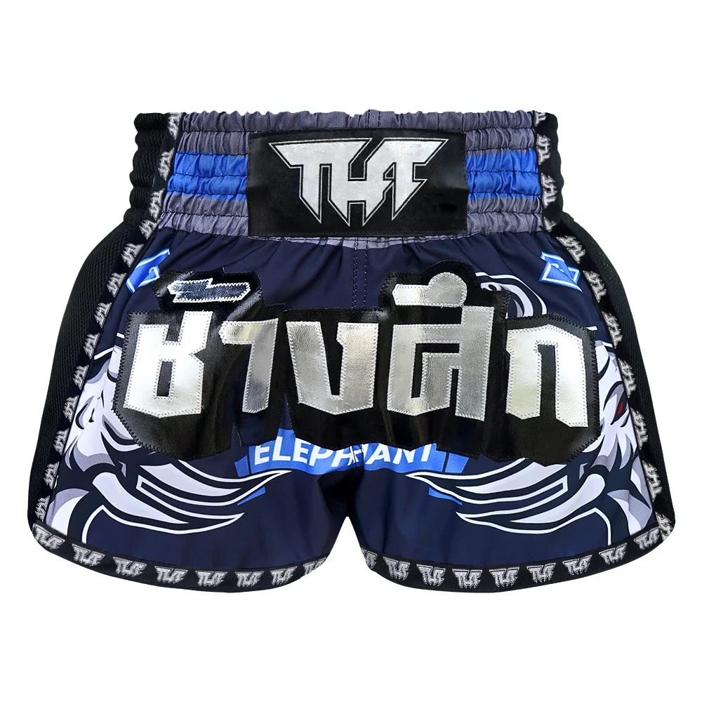 Navy blue Muay Thai shorts with white and blue branding on a white background
