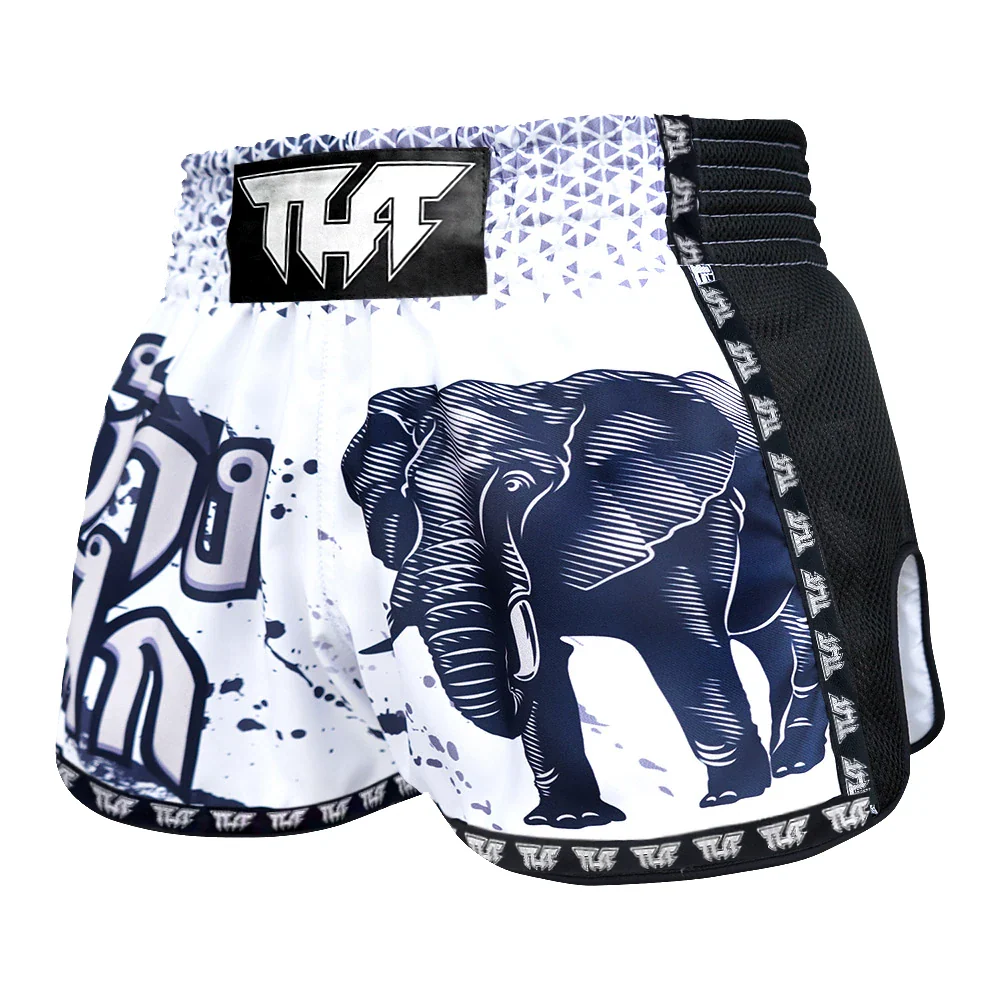 Muay Thai shorts with elephant design and THF branding on a white background