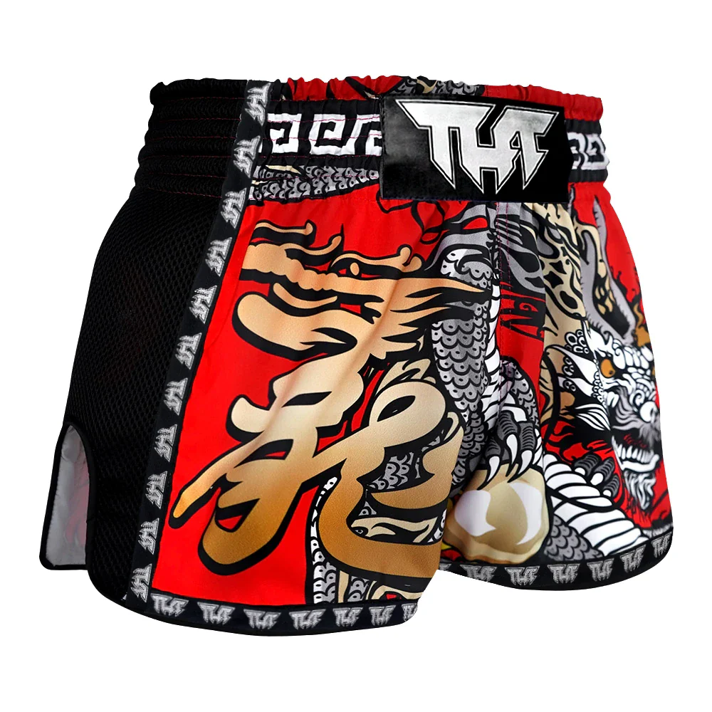 Colorful Muay Thai shorts with dragon design on a white background