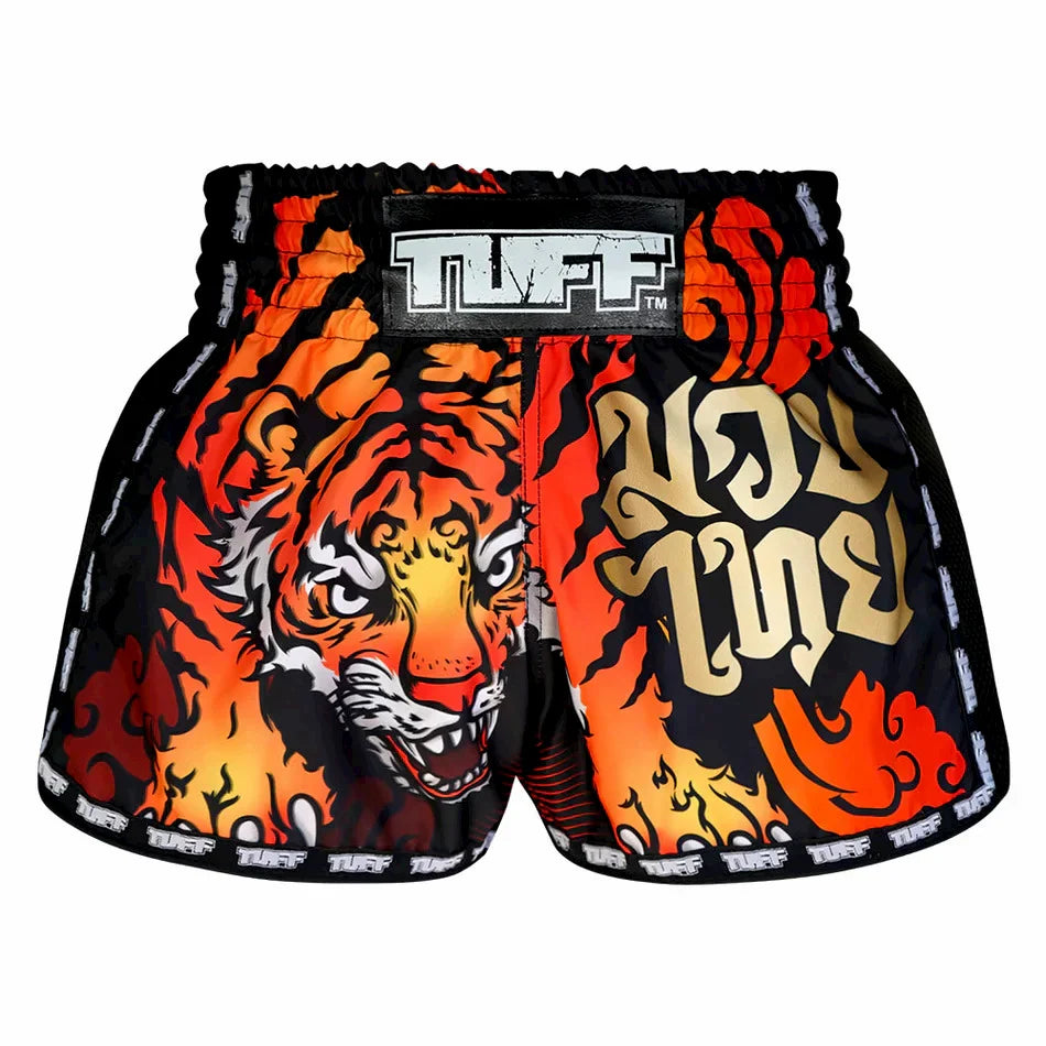 TUFF Muay Thai shorts with tiger design and branding on a white background