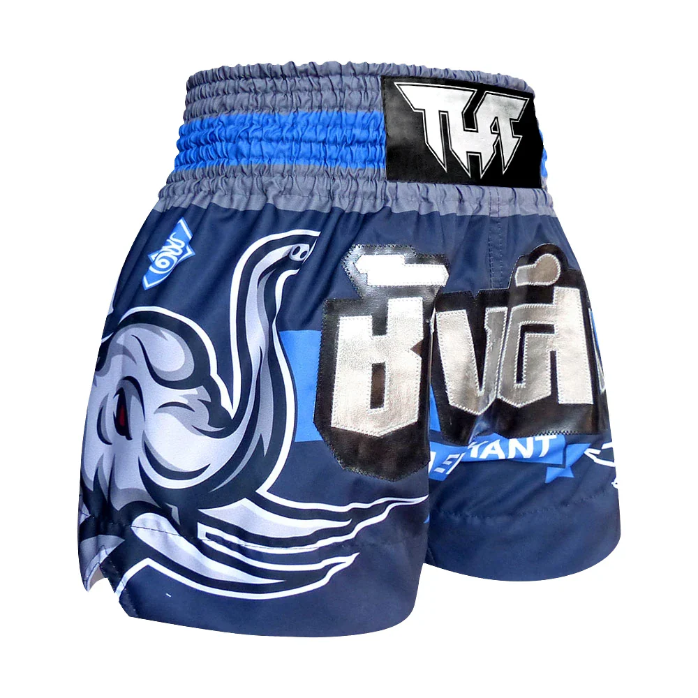 Blue Muay Thai shorts with branding on a white background